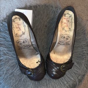 Brown buckle low heels